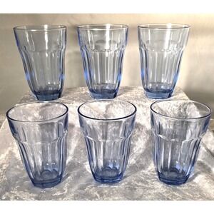 6 Vintage 1960s Paşabahçe, Turkey‎  Blue Transparent Ribbed 4.25 " Juice Glasses